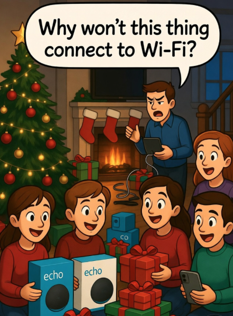 Person looking frustrated while trying to set up a smart device on Christmas morning