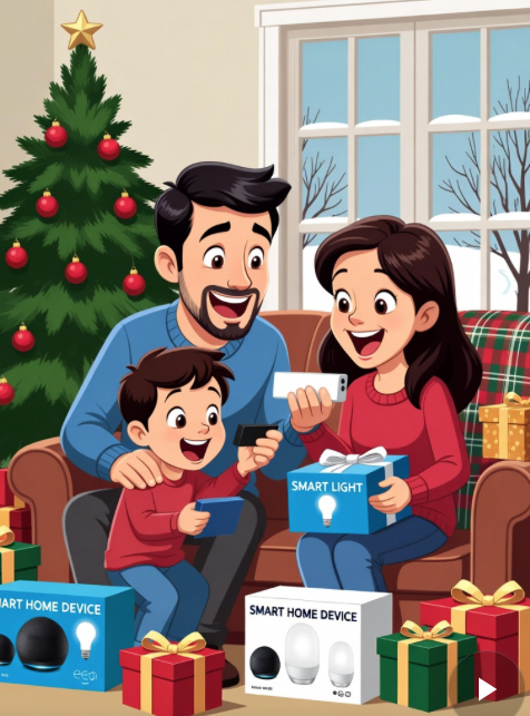 Excited family unwrapping Christmas gifts including smart home devices like Echo speakers and smart lights