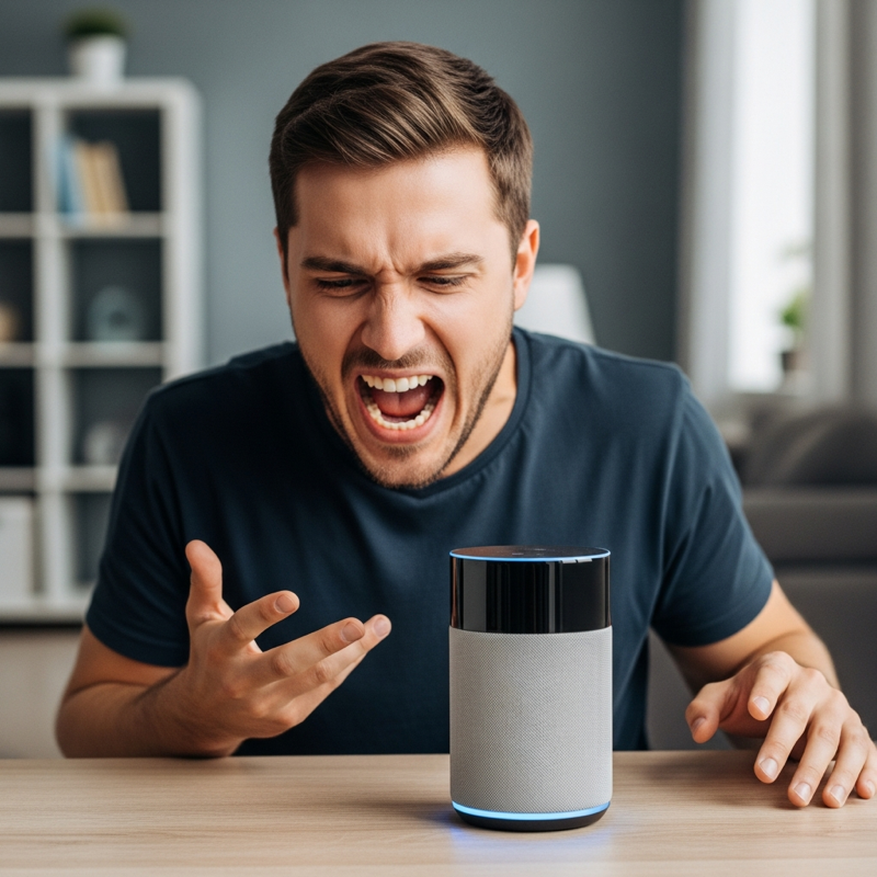 Person frustrated with smart speaker