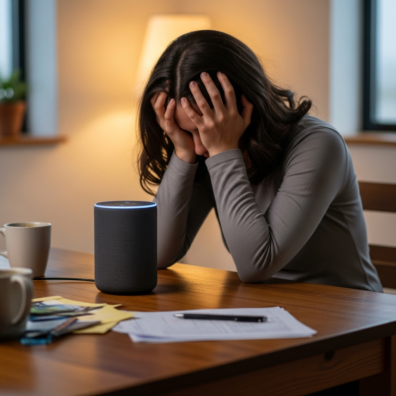 Woman struggling with smart home device