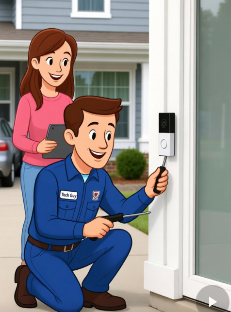 Professional installer mounting a Ring doorbell and setting up smart devices